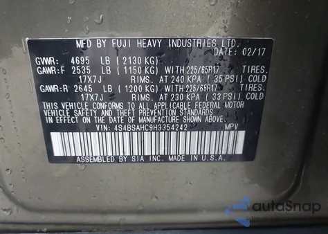 2017 Subaru Outback 2.5I Premium z USA, uszkodzony, nr VIN 4S4BSAHC9H3354242